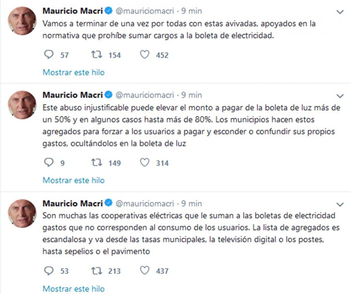 Mauricio Macri cargó contra los municipios por lo agregados que cobran en las boletas de luz Mauricio Macri cargó contra los municipios por lo agregados que cobran en las boletas de luz