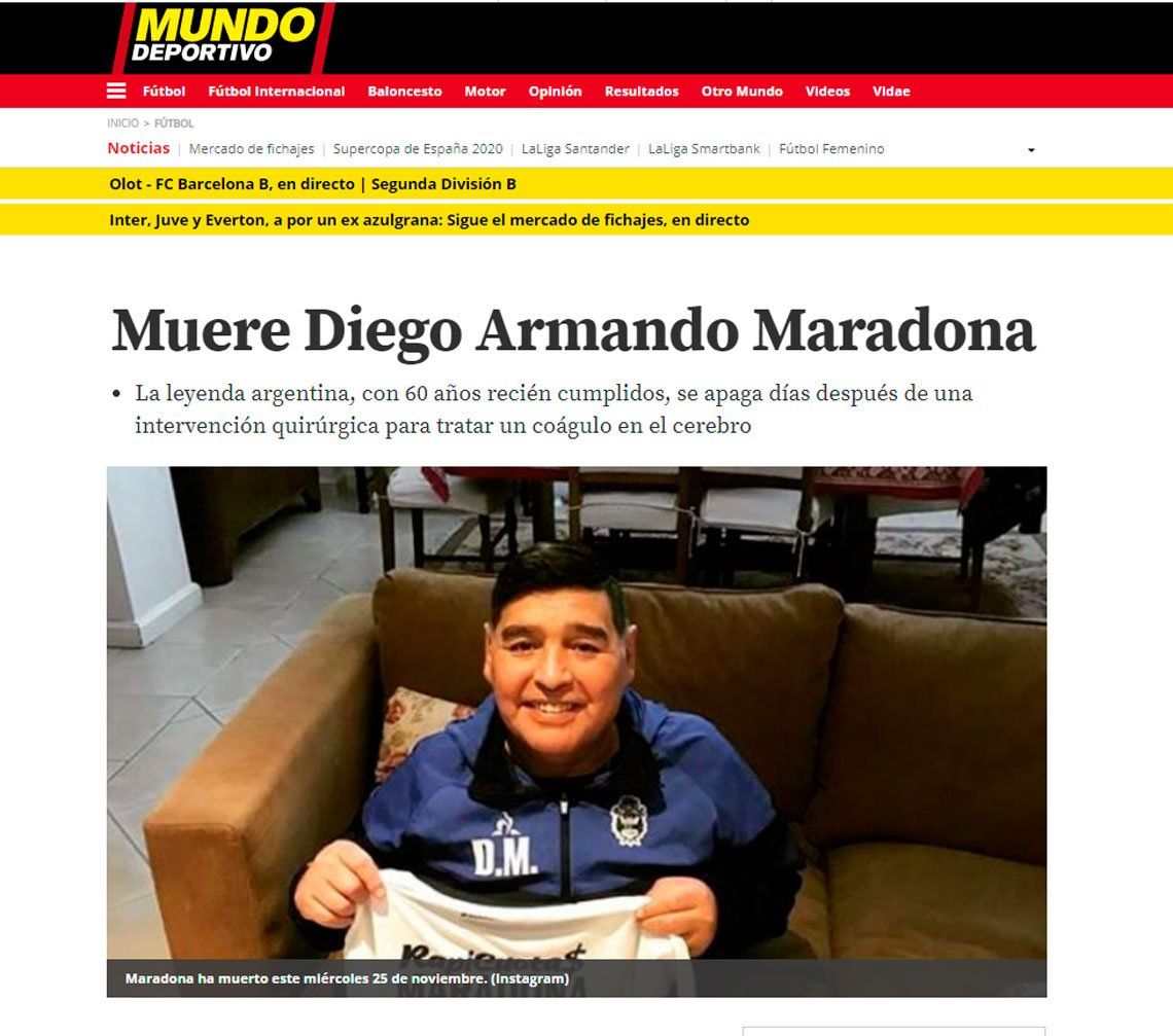 Las tapas de los principales portales del mundo lloran a Diego Maradona