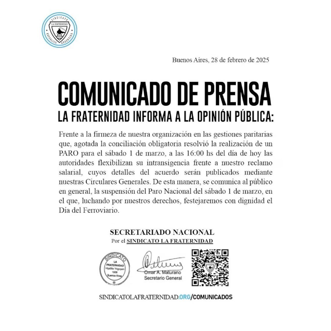 El comunicado dado a conocer este viernes por La Fraternidad.