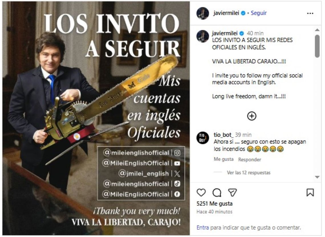 Milei lanzó oficialmente sus cuentas personales en inglés en las principales plataformas digitales. Milei lanzó oficialmente sus cuentas personales en inglés en las principales plataformas digitales.