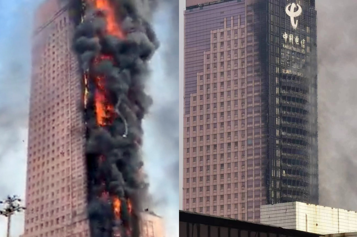 China: impactante incendio en un rascacielos de Telecom