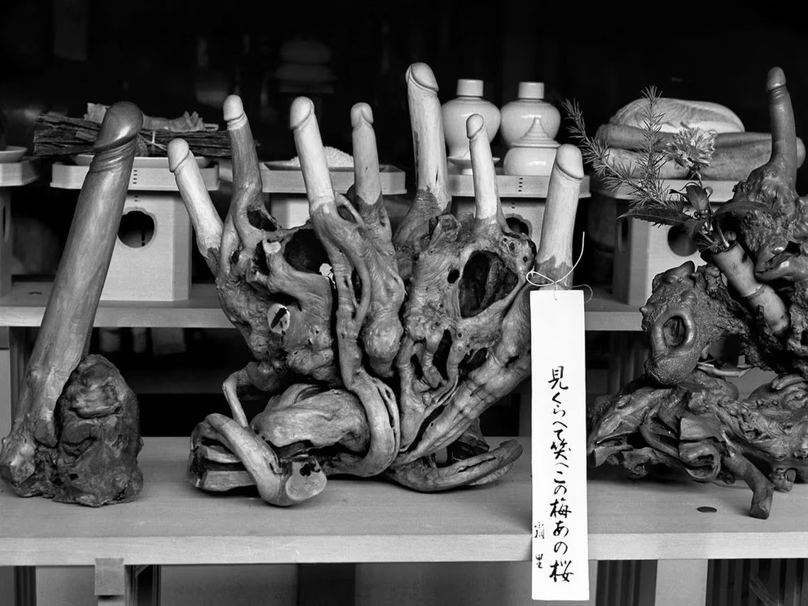 Los penes tallados en raíces de árboles se exhiben en el Santuario Tagata, lugar del Festival anual del Pene en Komaki.