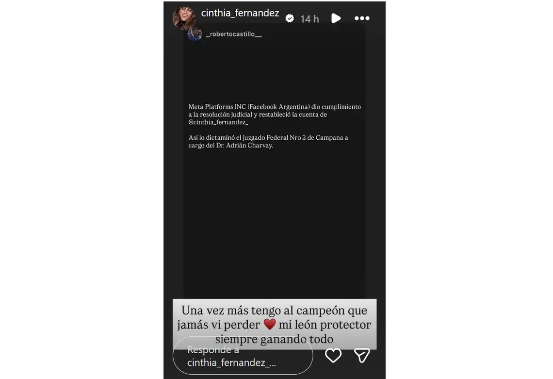 Cinthia Fernández le agradeció a Roberto Castillo tras recuperar su cuenta.