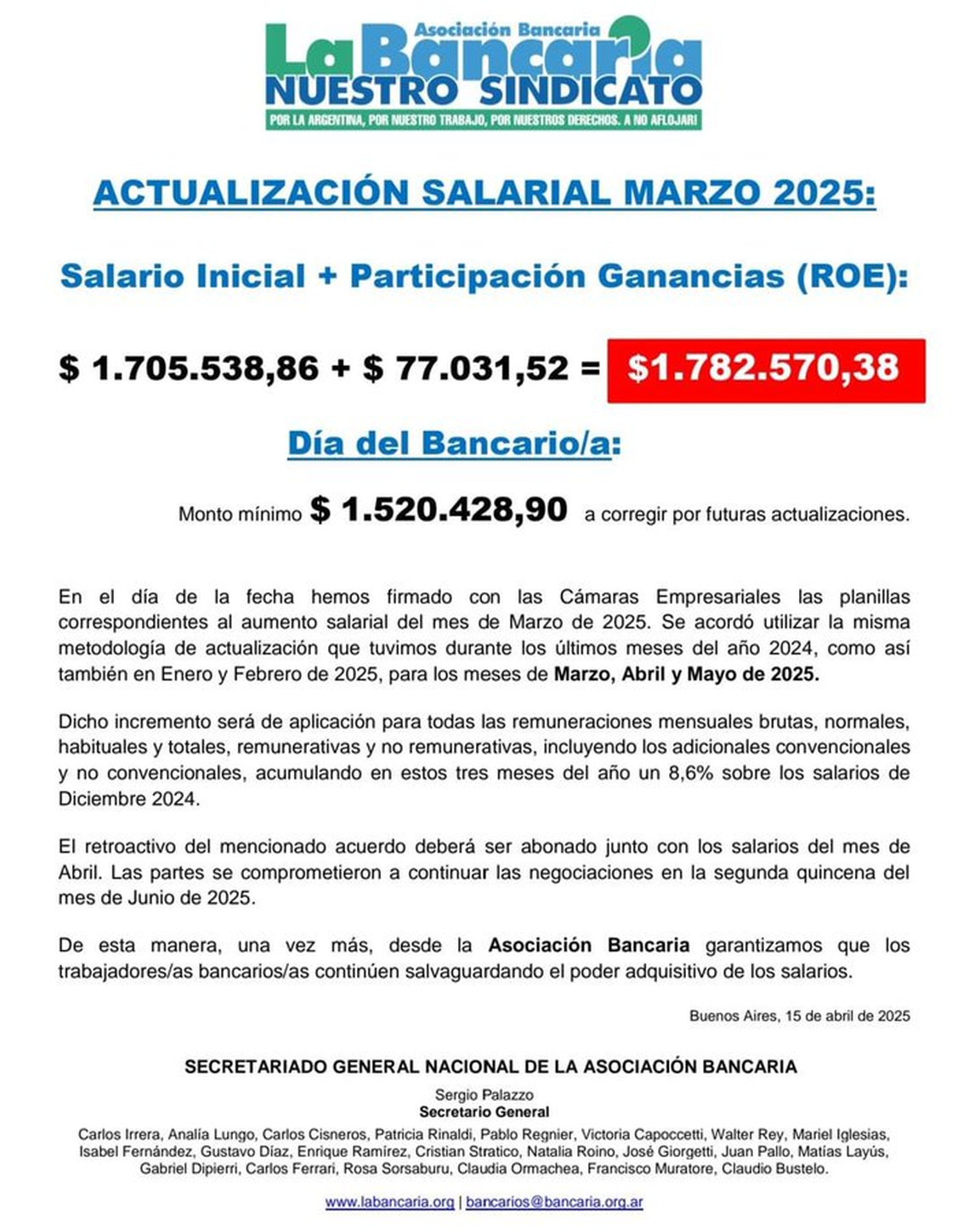 La información dada a conocer por La Bancaria.