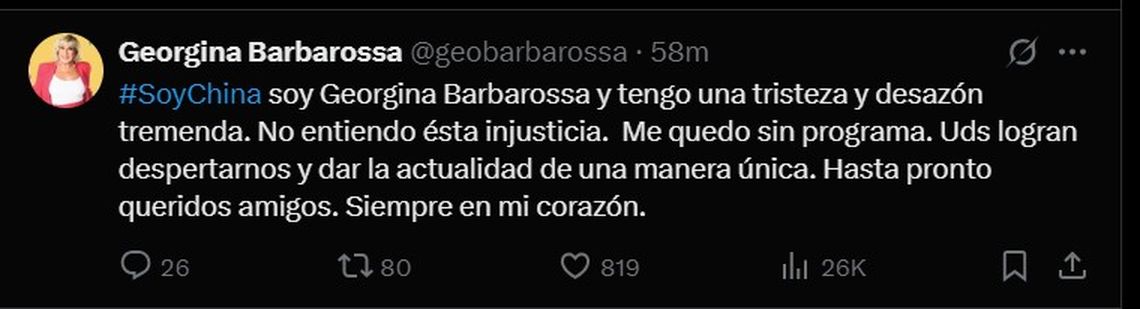 Georgina informó el final de A la Barbarossa, por redes sociales. 