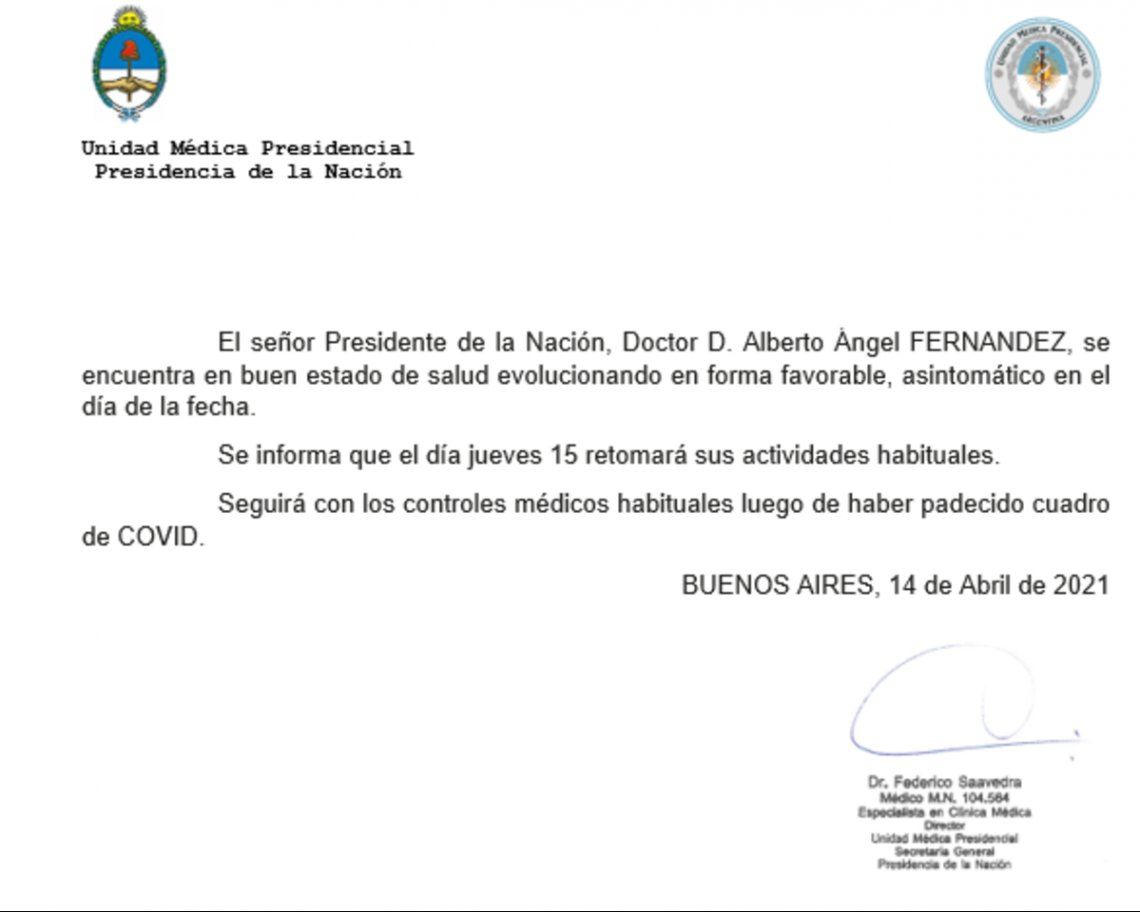 Alberto Fernández: el parte de la Unidad Médica Presidencial.