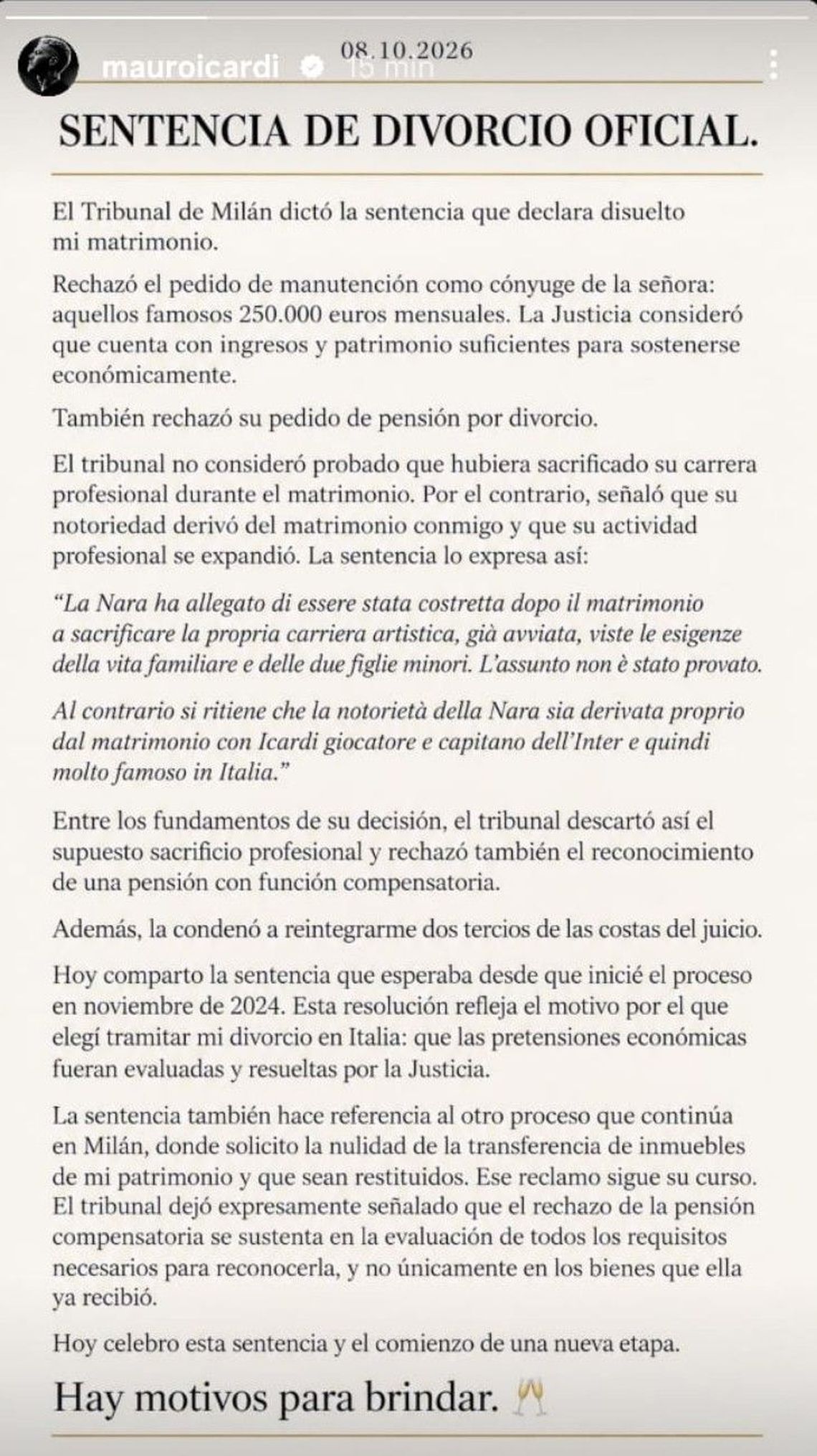 Icardi difundió la resolución judicial que formalizó su divorcio de Wanda Nara.