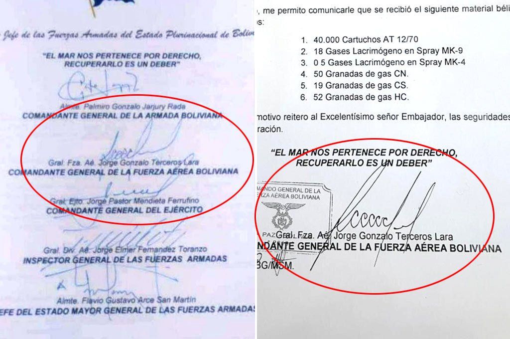 A la izquierda la nota de la renuncia de la cúpula de las FF.AA. y a la derecha la nota de agradecimiento que se usó como prueba de un supuesto envío de armas de parte del gobierno de Mauricio Macri a Bolivia.