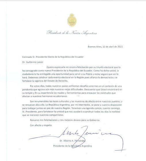 La carta de Fernández a Guillermo Lasso, presidente electo de Ecuador. 