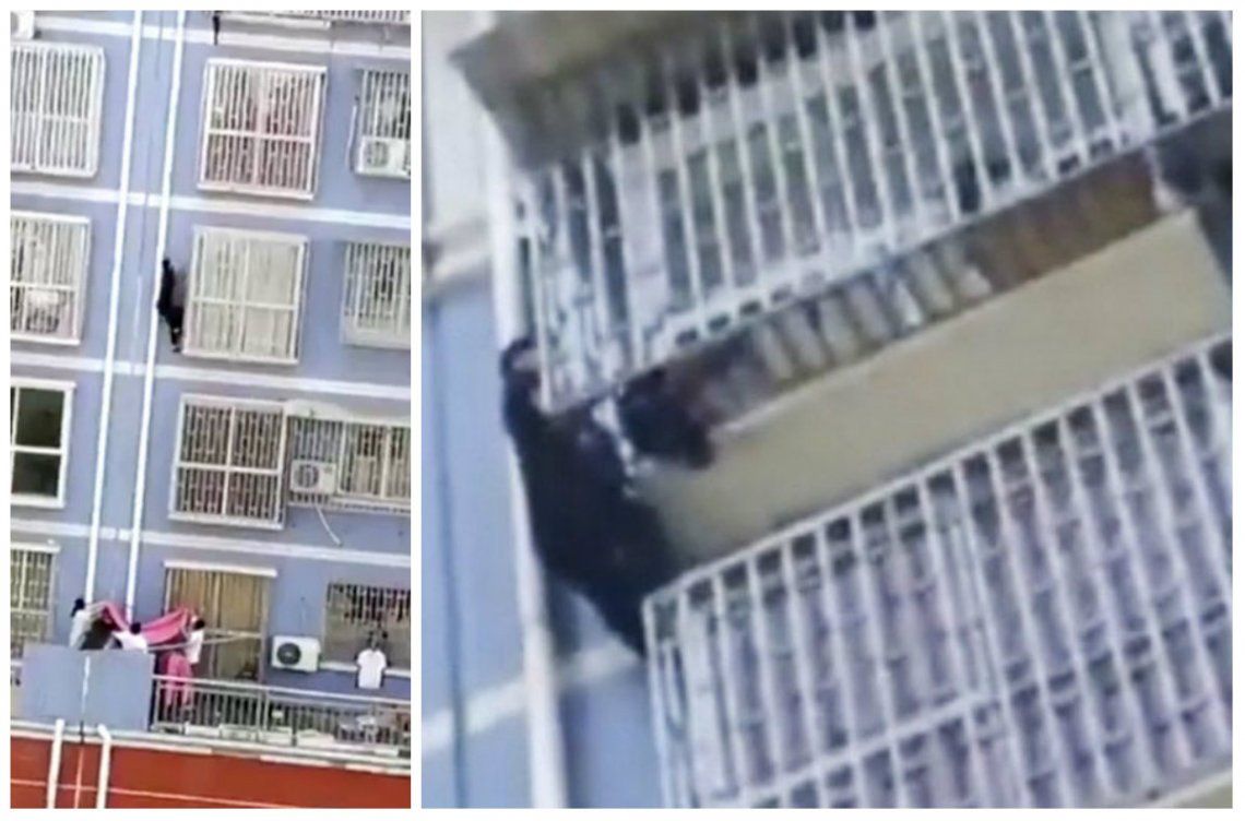 Video | Escaló 5 pisos para salvar a niño que colgaba en balcón