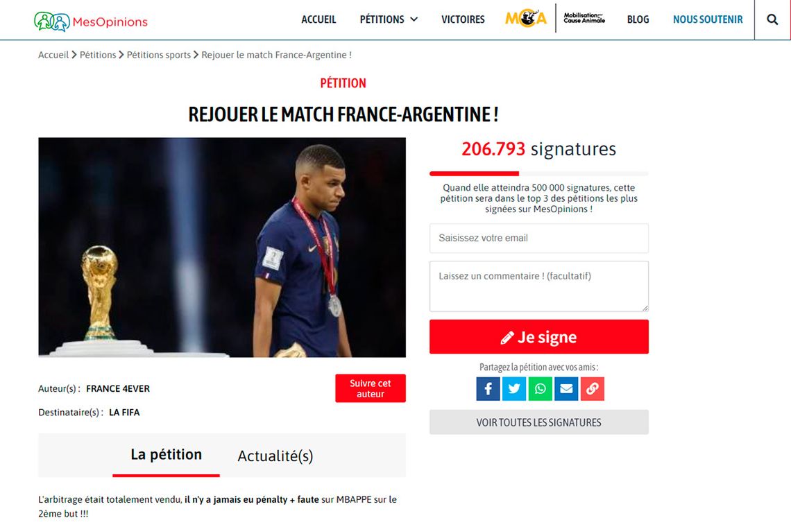 En Francia juntan firmas para que la FIFA repita la final del Mundial de Qatar.
