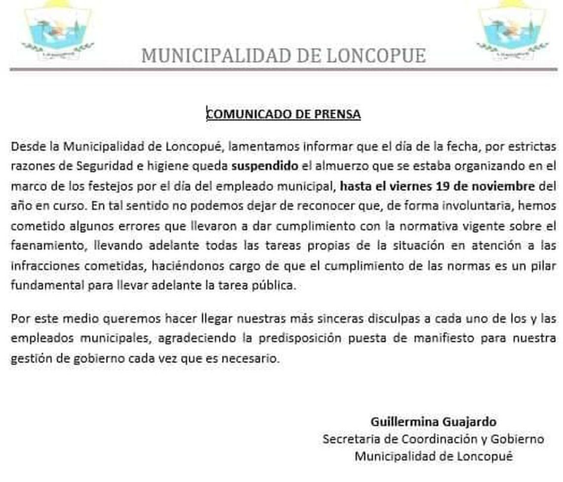 El comunicado que trunco el festejo del intendente.