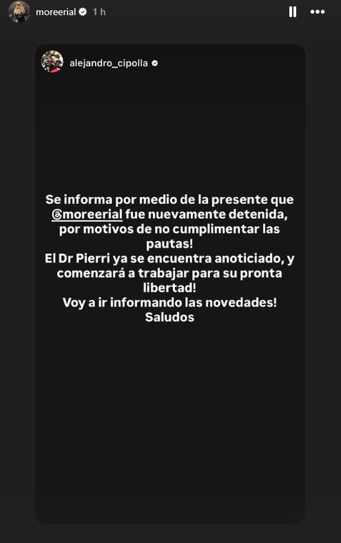 El posteo de Morena Rial en sus redes luego de haber sido detenida este lunes.