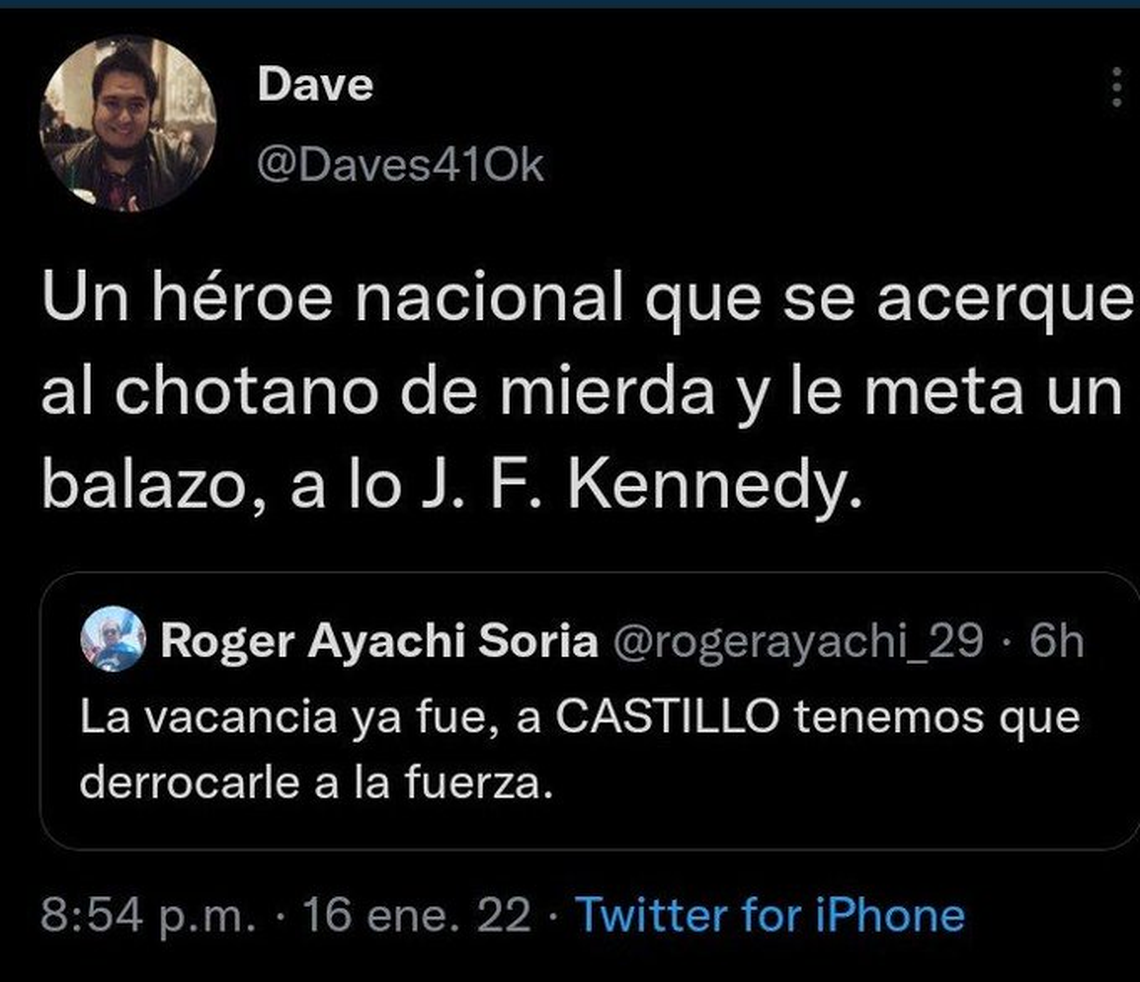 El violento tuit de Dave Jimmy Hernández contra el presidente de Perú