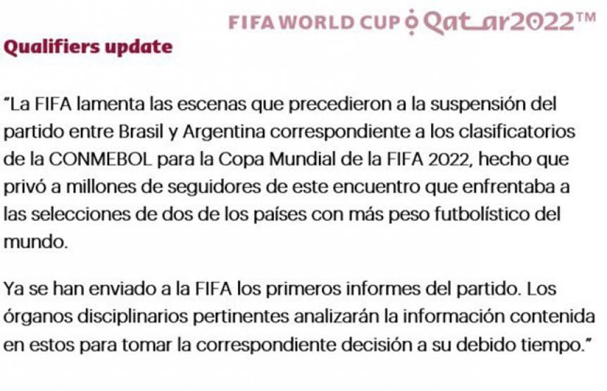 El comunicado de la FIFA sobre la suspensión de Brasil-Argentina