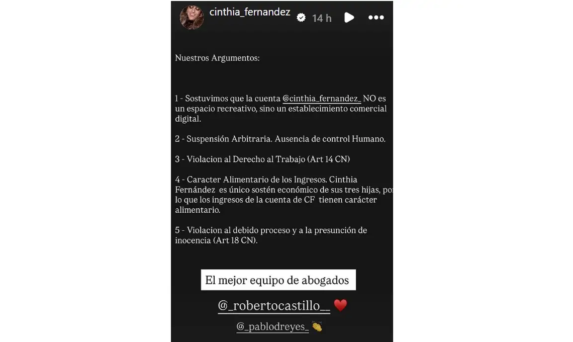 Cinthia Fernández recuperó su cuenta de Instagram tras un fallo judicial