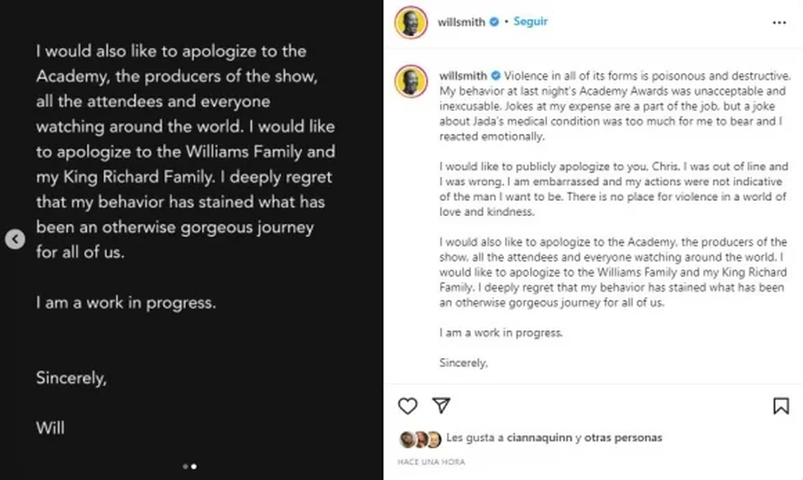 Tras la bofeteada, Will Smith se disculpó con Chris Rock