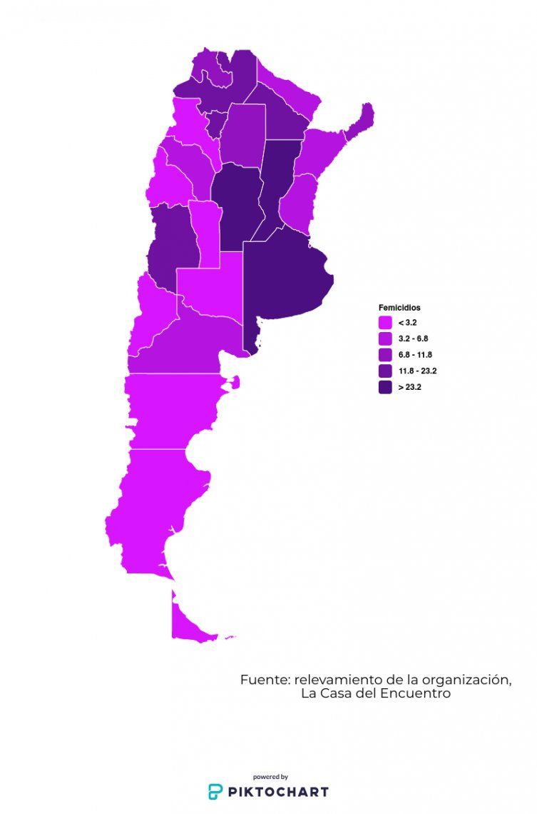 La mayor cantidad de femicidios ocurrieron en Buenos Aires, Santa Fe, Córdoba , Tucumán, Salta, Chaco y Mendoza.