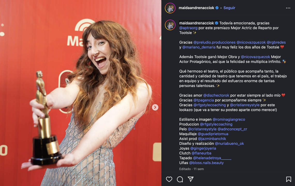 Maida Andrenacci al recibir el premio como Mejor Actriz de Reparto por la comedia 