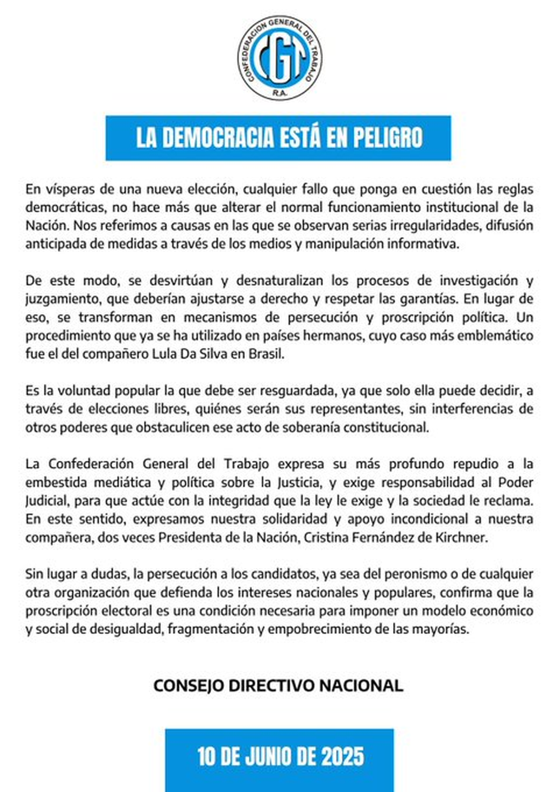 El comunicado de la CGT en apoyo a Cristina Kirchner. 