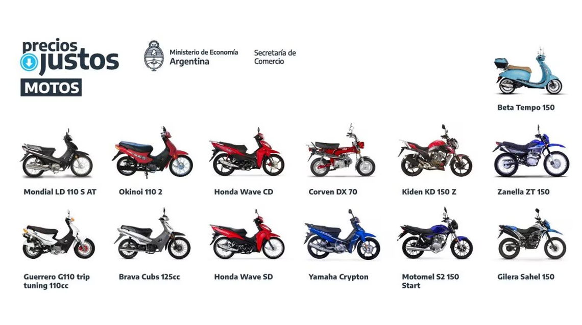 Los valores de las motos seleccionadas en Precios Justos rondan entre los $292.990 hasta los $653.900