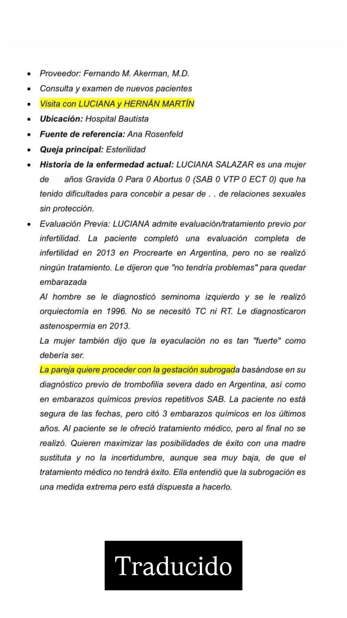 Salazar mostró el documento que certifica la subrogación de vientre que compartieron con Redrado. 