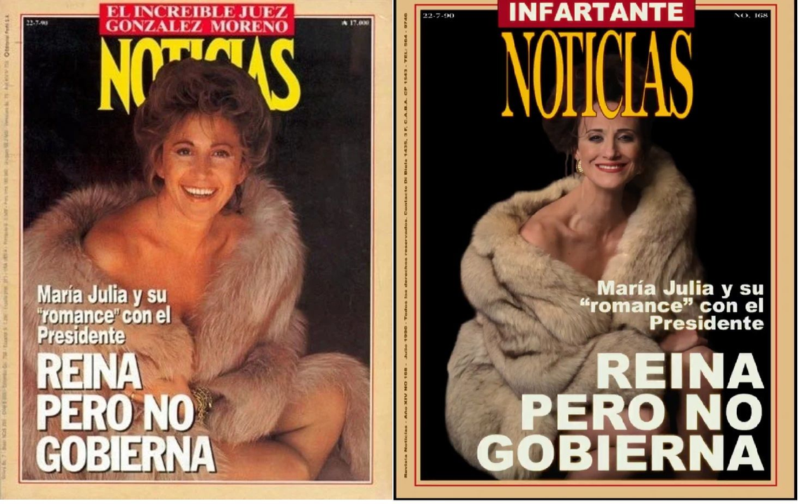 Tapa original de la Revista Noticias, con María Julia Alsogaray, y la que se ficcionó en la miniserie Menem, con Mónica Antonópulos.