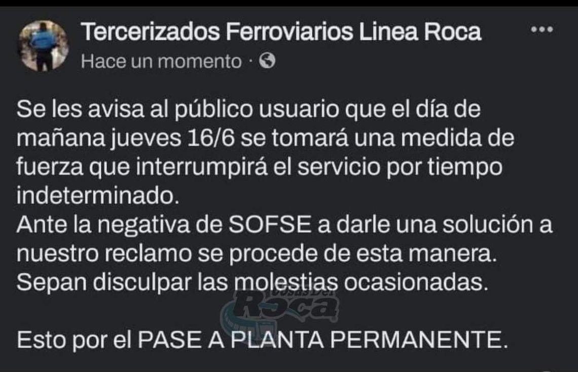 Tren Roca: corte de vías este jueves. 