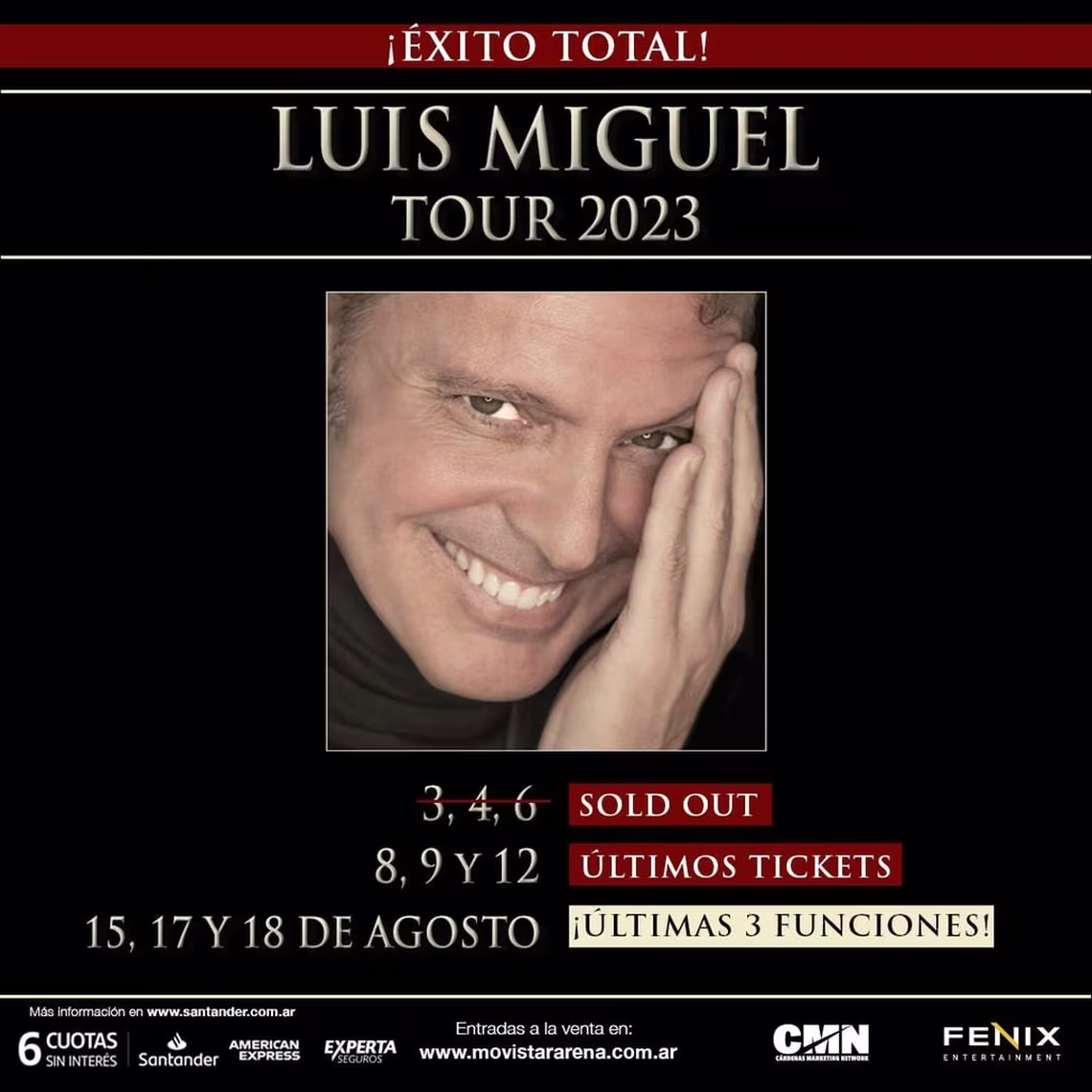 Luis Miguel agregó seis nuevas fechas para los días 8, 9 y 12, 15, 17 y 18 de agosto.