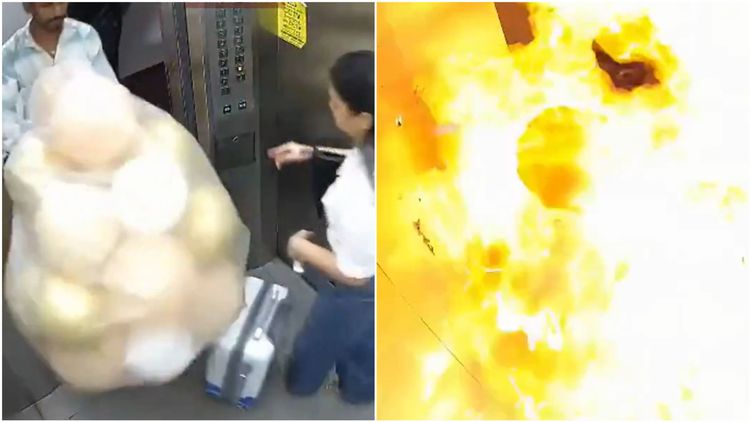 Cámaras captaron el momento en que varios globos inflables se incendian dentro de un ascensor, dejando dos personas con quemaduras.