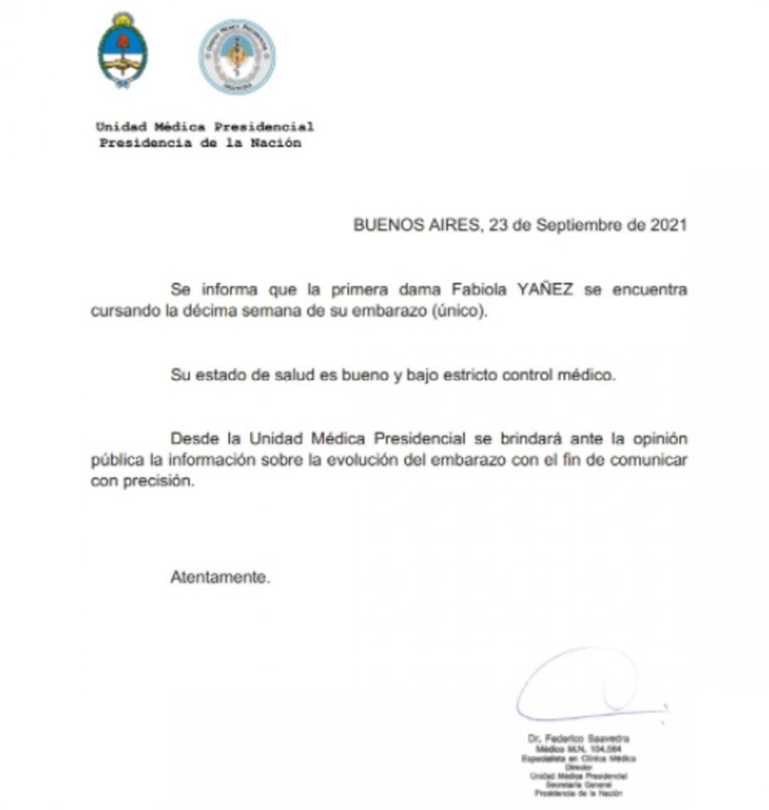 El comunicado que confirma el embarazo de la primera dama, Fabio Yáñez.