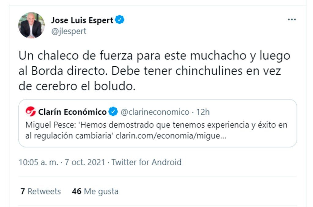 José Luis Espert y su polémico tweet de este jueves en contra de Pesce.