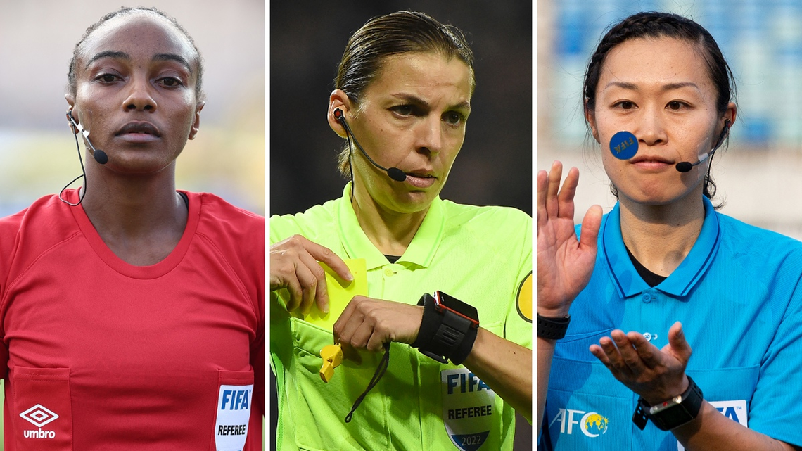 Salima Mukansanga (Ruanda), Stéphanie Frappart (Francia) y Yoshimi Yamashita (Japón) en Qatar 2022