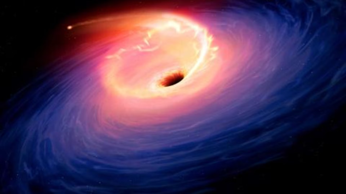  Representación artística de una estrella sometida a la fuerza de atracción de un agujero negro