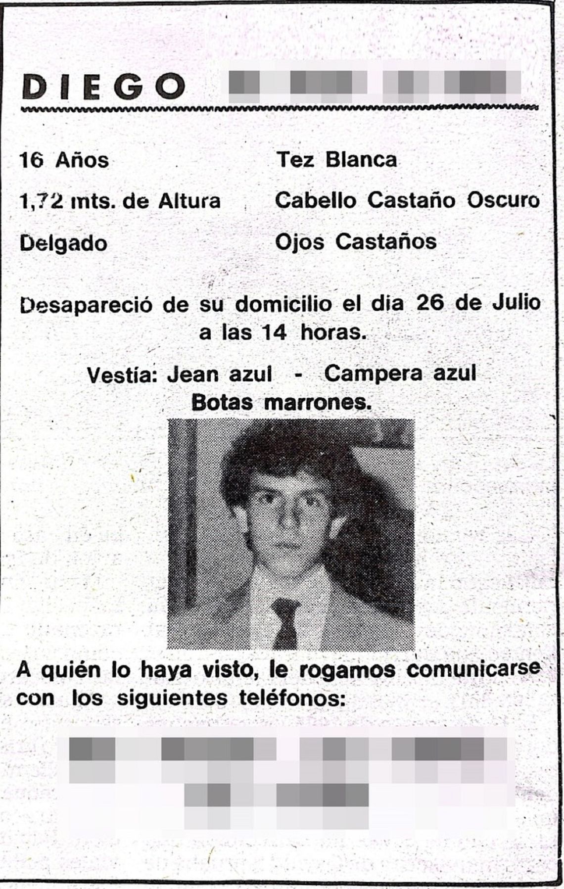 Los volantes que en su momento repartían los padres del joven buscado en 1984 cuyos restos fueron hallados en este 2025.