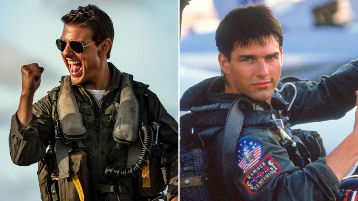 Tom Cruise como Pete Mitchell en Top Gun, versión 2022 y 1986