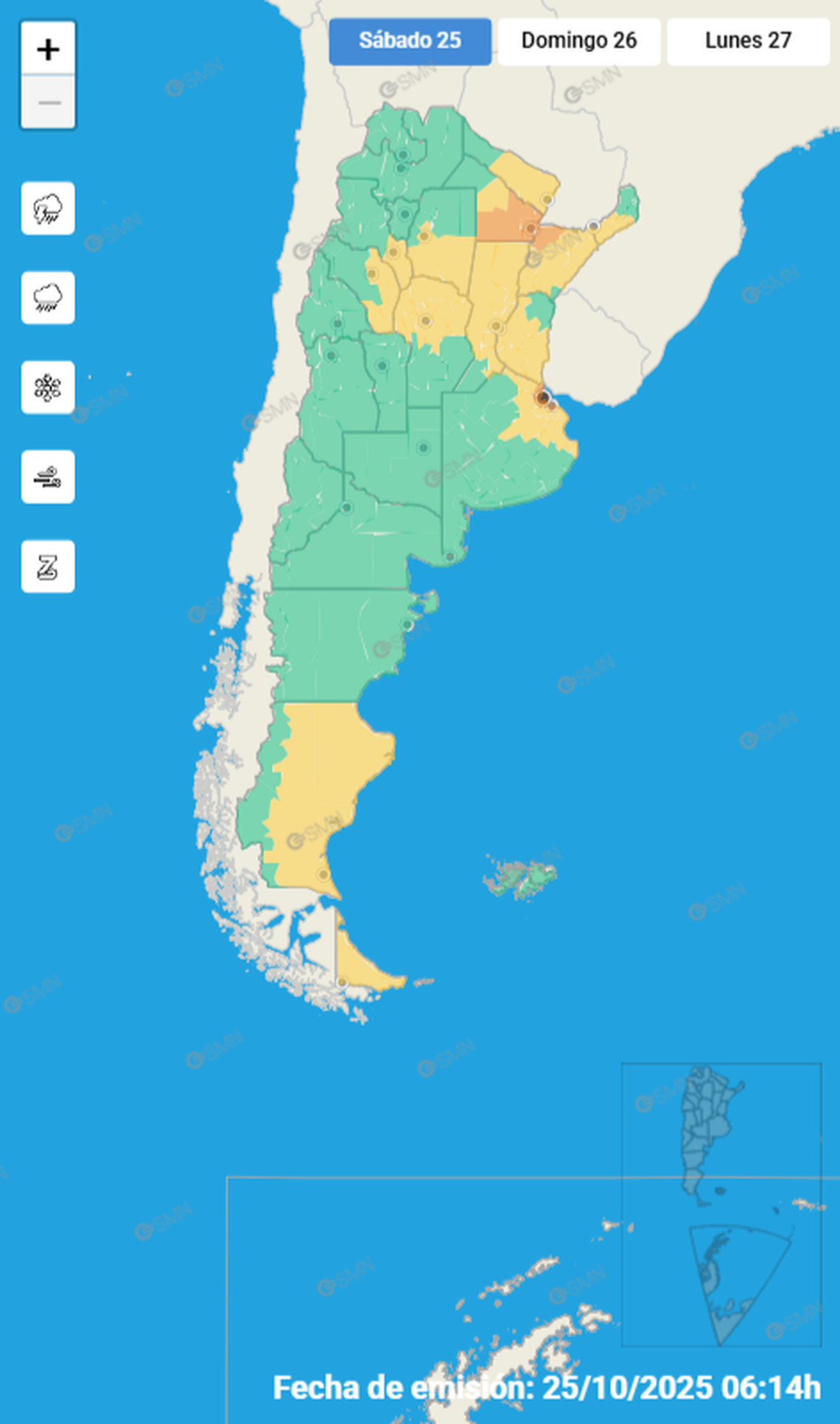 El mapa de alertas del Servicio Meteorológico Nacional (SMN). El mapa de alertas del Servicio Meteorológico Nacional (SMN).