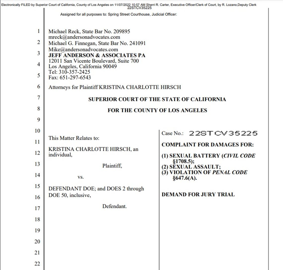 Carátula de la demanda encabezada por el estudio de abogados Jeff Anderson & Associates, contra Warren Beatty