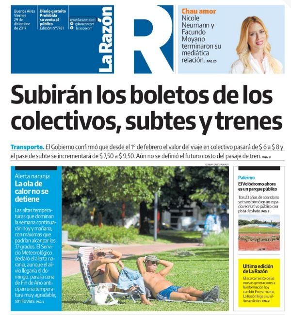 La última tapa del diario La Razón. 