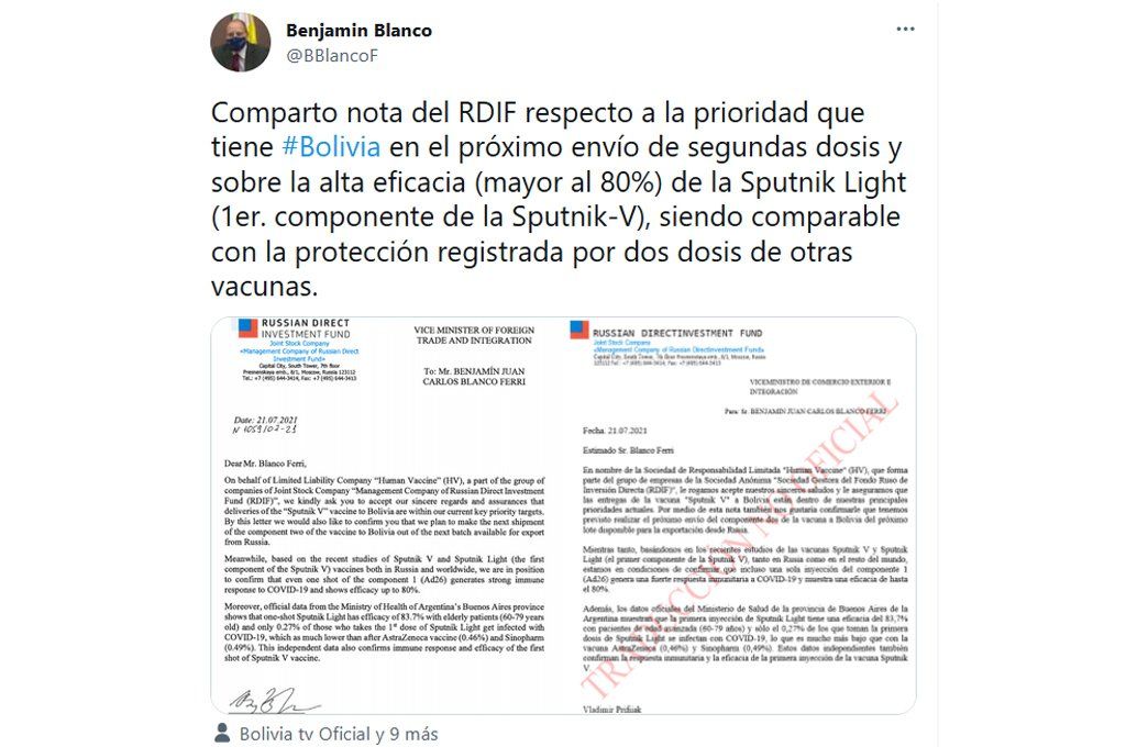 El tweet con las imágenes de las carta de respuesta que el RDIF le cursó al gobierno boliviano sobre la demora en la entrega de las segundas dosis de Sputnik V.
