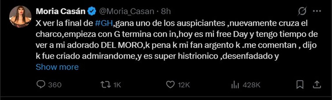 Moria Casán se lamentó porque Ulises Apóstolo no ganó Gran Hermano. 