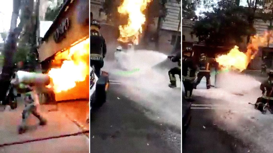Bombero saca garrafa de gas en llamas y evita una explosión