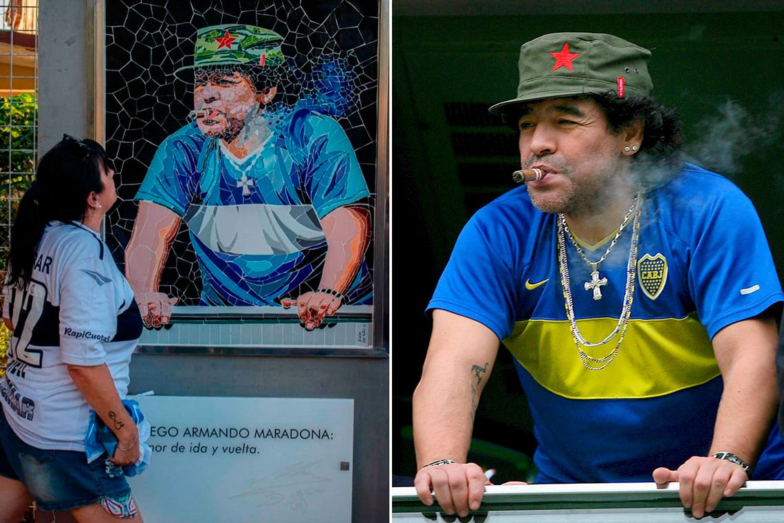 La obra de Diego Maradona que se inauguró en La Habana y la foto en la que se inspiró. Foto: Mónica Mugueta.