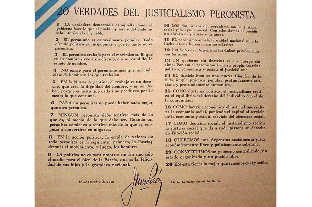 Las "Veinte verdades del Justicialismo Peronista" expresadas por Juan Domingo Per&oacute;n el 17 de octubre de 1950.