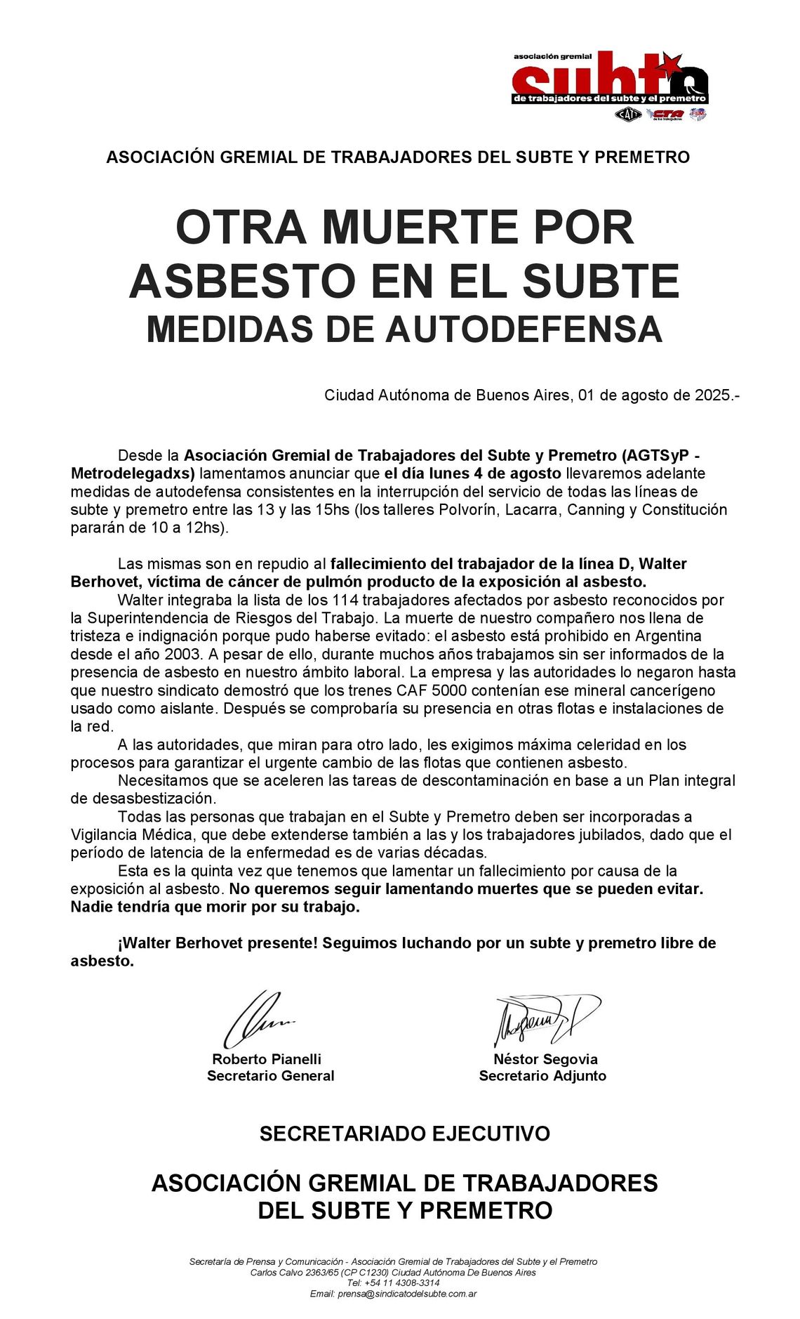 El comunicado con el que los metrodelegados anunciaron el paro en el subte.