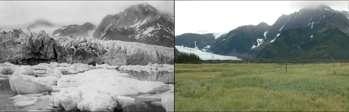 El glaciar Pedersen en Alaska en 1920-1940 (izquierda) y el 10 de agosto de 2005.
