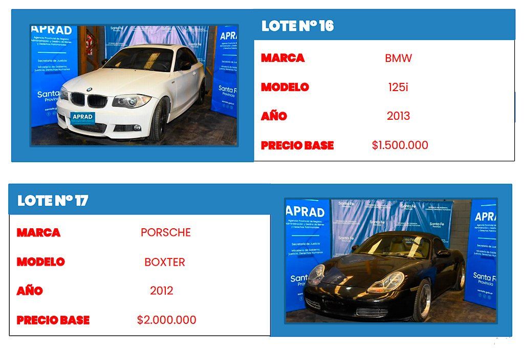 Un BMW y un Porsche son dos de los autos más destacados de esta subasta de APRAD.