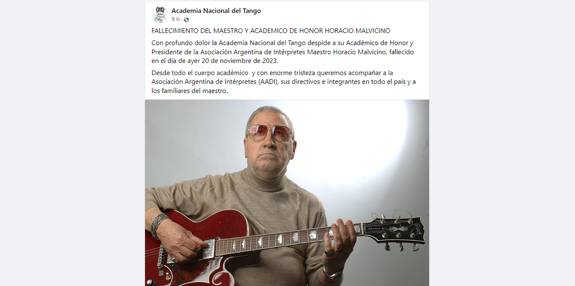 La Academia Nacional del Tango comunicó el fallecimiento del músico (Facebook) La Academia Nacional del Tango comunicó el fallecimiento del músico (Facebook)