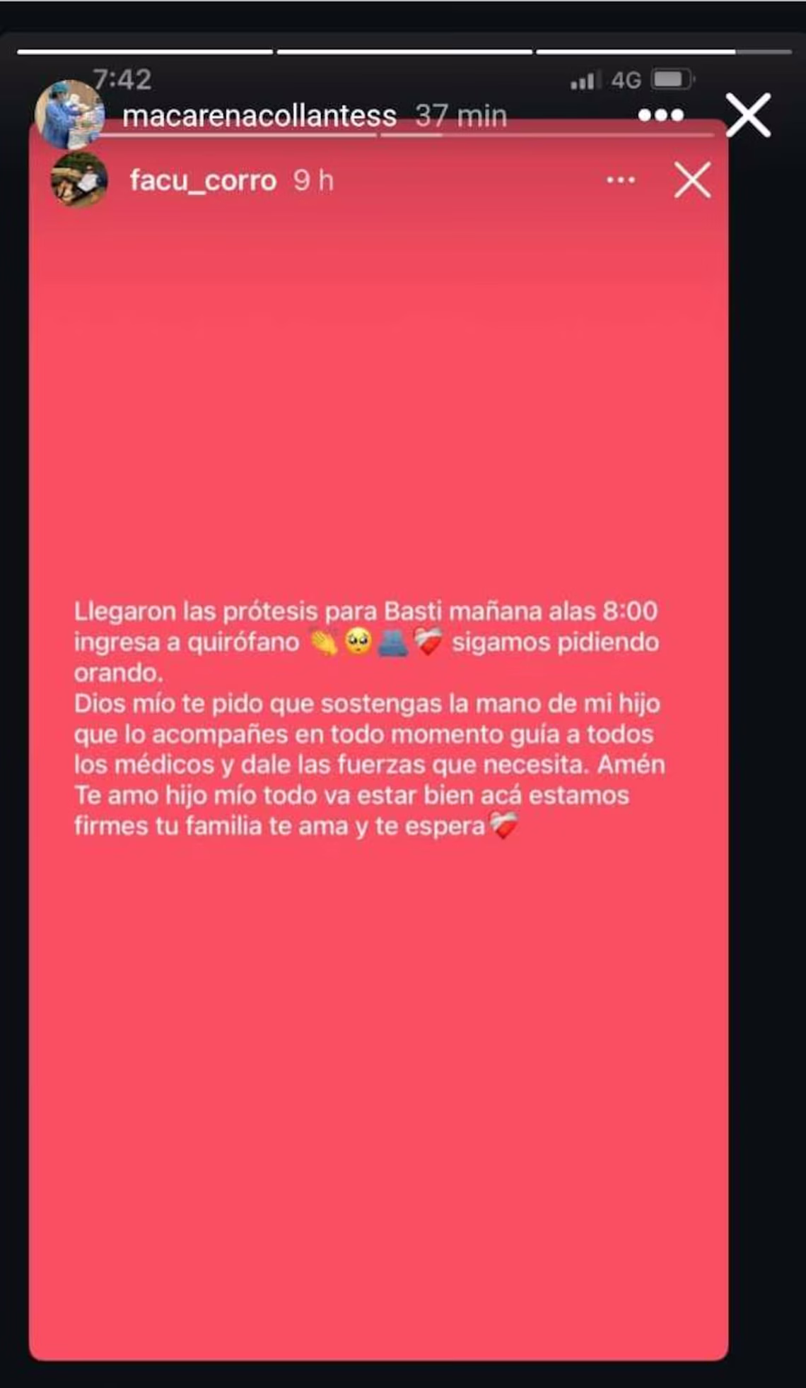 El mensaje que compartió la madre de Bastián (captura Instagram)