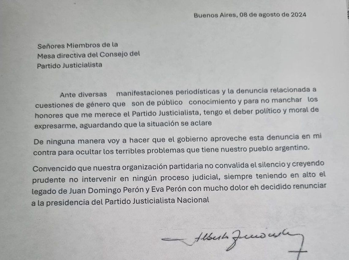 El comunicado de Alberto Fern&aacute;ndez sobre su renuncia a la presidencia del PJ.